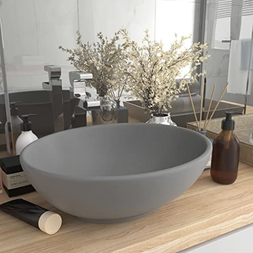 FOZICV Luxuriöses Ovales Waschbecken Matt Grau 40x33x13,5 cm Keramik Lavabo Aufsatzwaschtisch Spülbecken Oval Aufsatzbecken Oval Badmöbel Badezimmer Waschbecken Oval Washbasin Bathroom Sink