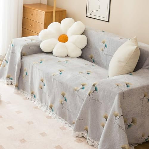 KnSam Home Sofaüberwurf, Ginkgo mit Spitze Sesselbezug Liegesessel, Waschbarer, Kratzfester rutschfest Sesselbezug Hund Chenille Anti-Rutsch-Couch (180x260CM, Grau)