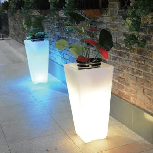Macetero Luminoso Cuadrado Maceta 76 cm con Luz LED RGB, Cable o batería (Cable luz Color Blanca)
