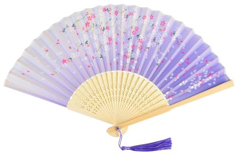 Lila Fächer Holz Handfächer Seide Stoff Hand Fan Chinesische Japanische Faltfächer mit Quaste Fächer Damen Klein für Hochzeit Gäste Kinder Mädchen Sommer