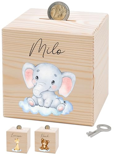 Bärenfreunde® - Personalisierte Spardose Kinder aus Holz mit Metallschloss - Spardose mit Namen mit kinderfreundlichem UV-Druck zum Sparen für Kinderträume (Elefant Wolke)