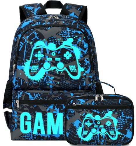 Octsky Kids Backpack for School Girls Boys Backpack with Lunch Box Set Elementary High School Book Bag Backpack for Teens, Luminous Gamepad 3pcs, Modern