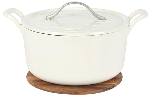 Bloomhouse 7 Qt Cast Iron Dutch Oven W/Embossed Lid, European Enamel, & Walnut Wood Trivet - Oat White