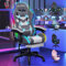 ELFORDSON 8-Point Massage Gaming Chair with RGB LED, Massaging Office Chair with Lumbar Support Footrest 82cm High Back 150° Recliner, Adults and Kids, Fabric Linen, Grey