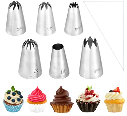 6 Pcs Large Piping Tips, Cake Piping Nozzles Kit Stainless Steel Piping Nozzles Tips Nozzles with 12 Pastry Bags for Decoration DIY Cream Cupcake Cookie Puffs Pastries Birthday Cakes Decorating