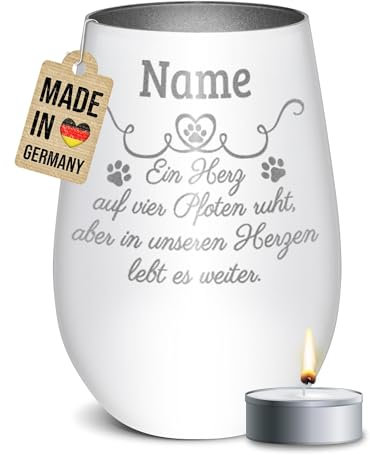 PR Print Royal Trauer Windlicht mit Gravur für Tiere - Herz auf Vier Pfoten - mit Name - Erinnerungslicht, Gedenklicht, Trauergeschenk | inkl. Teelicht, 450 ml, Weiß/Silber