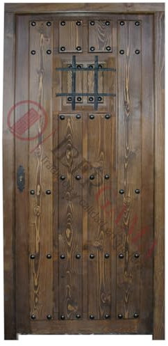 Puertas IBERGAMA - Puerta Exterior de Madera, Modelo de Tablas con Clavos de Forja, Ventanillo interior con Reja de Forja estilo Rústico. (Apertura Derecha)