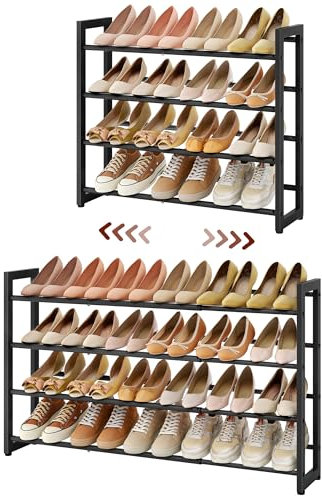 FAVOOSTY 4 Tier Shoe Rack Extendable Metal, Small Shoe Storage Organizer for Closet Inside Wardrobe, Slim Stand Shelf for Narrow Space Under Stairs Hallway, Black