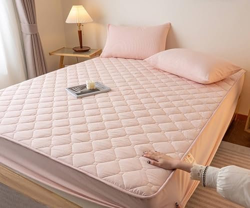 KnSam Betttuch mit 1er Kissenbezug 90x200cm Set 2teilig Warm, Kariert Spannbettlaken Einfarbig Hellrosa Faltenresistent und Ausbleichen, Baumwolle Tagesdecke für Boxspringbett & Wasserbett