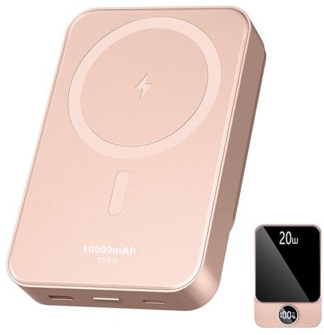 Magnetic Power Bank 10000mAh，20W Fast Charging Portable Charger, Wireless Power Bank with LED Display, Small USB-C Battery Pack with Mag-safe for iPhone 16/15 Plus/Pro/Max,14/13/12 Series,Pink