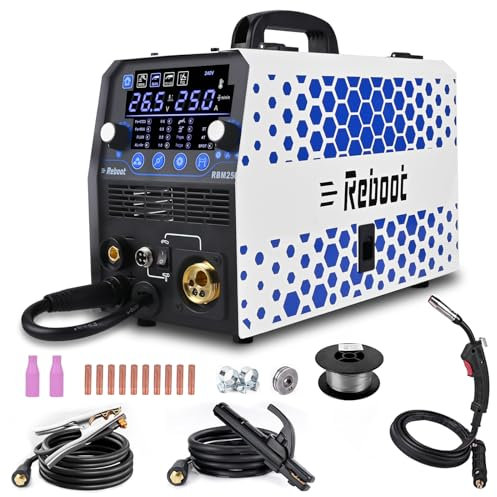 Reboot Saldatrice 6 in 1, stazione di saldatura MIG, 250 A, 240 V, alluminio, metallo, funzionalità MIG (con gas/senza gas), elettrodo, saldatura Lift-TIG, saldatura a punti