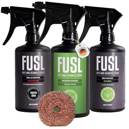 FUSL Reinigungsset 3x500 ml + Kupferschwamm – Krustenlöser, Fettlöser & Backofenreiniger Power-Schaum für Grill, Backofen, Pfanne, Ceranfeld & mehr – stark gegen Eingebranntes & fettige Rückstände