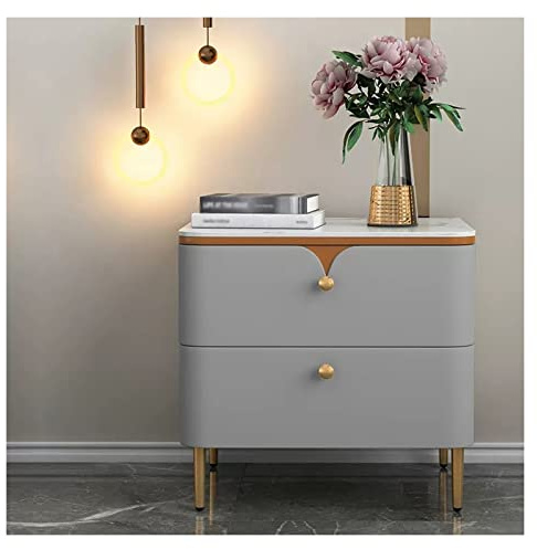 Nachttisch aus grauem Holz, 2 Schubladen mit goldenem Griff und Beinen für Schlafzimmer, Wohnzimmer, Büro (L 40 x T 40 x H 51 cm)