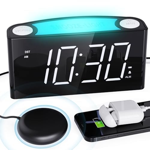 Wecker mit Vibration für Tiefschläfer&Hörgeschädigte, Typ C-Ladegerät, 12/24 H, Lauterwecker mit 7 Earbiges Nachtlicht, Großes LED-Anzeige, Dimmer, Snooze, Batterie-Backup, Digitalwecker Schlafzimmer