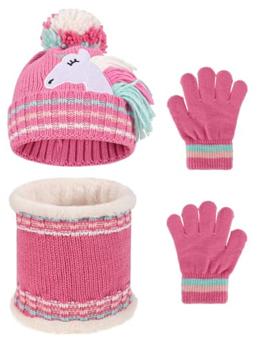 QKURT Conjunto de gorro y bufanda de invierno para niños, suave y cómodo gorro de punto, calentador de cuello, gorro de bola esponjoso, forro polar suave, manoplas para niños de 3 a 8 años
