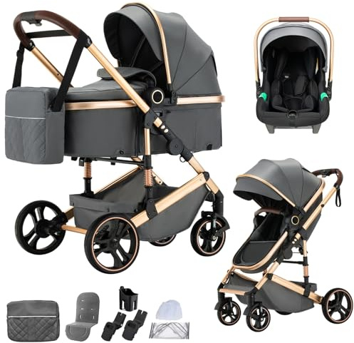 BEBBY Kinderwagen 3 in 1,Kinderwagen Buggy Mit Babyschale,Mit Höhenverstellbarer buggy Komplettset Faltbare tragbare,Buggys Mit Aluminiumrahmen für Neugeborene 0 bis 4 Jahre (H9-DARK GREY)
