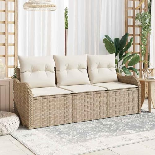 QJBSAVVA Garten-Sofa 3er Set beige 176×62×85 cm Poly Rattan modular wetterfest mit bequemen Outdoor-Kissen platzsparend für Balkon Terrasse Kleiner Garten