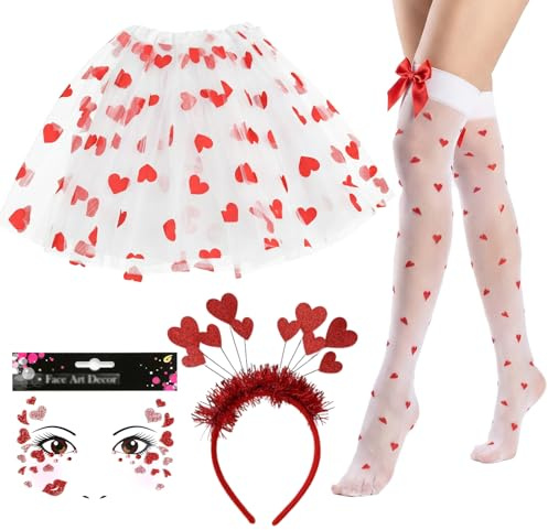 Axvxby Amor Kostüm Damen 4 Stück Karneval Kostüme Amor Engel mit Tutu Rock Herzstrümpfen Herz Stirnband Pailletten Gesicht Sticker Herzen Valentinstag Fasching Karneval Party Accessoires