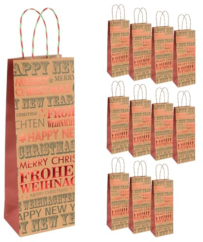 Idena 90410 - Flaschentaschen Frohe Weihnachten, 12 Stück, Geschenktaschen in der Größe 36 x 12 x 9 cm, Geschenktüten für Weihnachten und Silvester