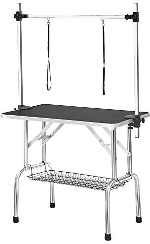 90 * 60 * 76 cm Faltbarer Trimmtisch für Hunde, Hundefriseur Zubehör, Frisiertisch mit Verstellbarer Arm, Leine & Netzablage & Gummimatte, Hundepflegetisch Höhenverstellbar(Schwarz)