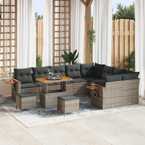 Tonture Garten-Sofa-Set Grau, 12-teilig, Poly-Rattan & Stahl, UV-beständig, mit Kissen, für Terrasse & Balkon, 90x55x71 cm, Outdoor Wohnlandschaft