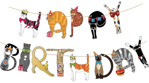 Gleemix Katzen Deko Happy Birthday Girlande, Kindergeburtstag Deko mädchen, Katzendeko Geburtstag Kinder, Geburtstagsdeko Katze Banner für Kinder Katzenliebhaber und Haustiere