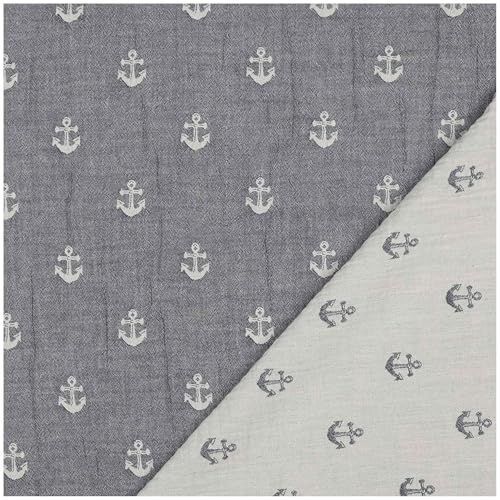 Musselin Ankermotiv doppelseitig Double Gauze ab 0,5m x 1,30m graublau/hellbeige Baumwollstoff Meterware