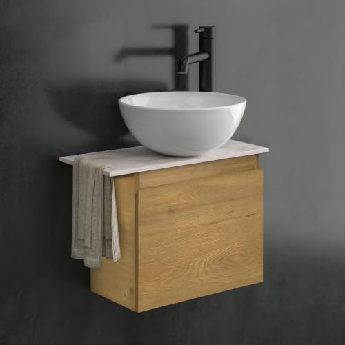 Alpenberger Aufsatzwaschbecken mit Unterschrank ohne Hahnloch, Badmöbel Set, rundes Waschbecken mit Keramik Waschtischplatte für kleines Gäste WC und Bad (Eiche Natur, Einzelschrank)