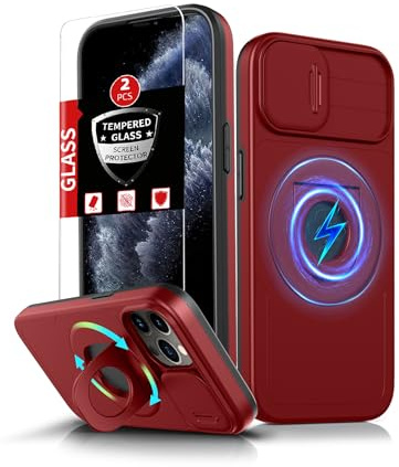 FRLMOOES for iPhone 11 Pro Max Case Magnetic ,with Kickstand + Camera Cover | Compatible with MagSafe Wireless Charging,with 2 Screen Protectors,Anti-Scratch Shockproof Heavy Duty Protection Phone,Red
