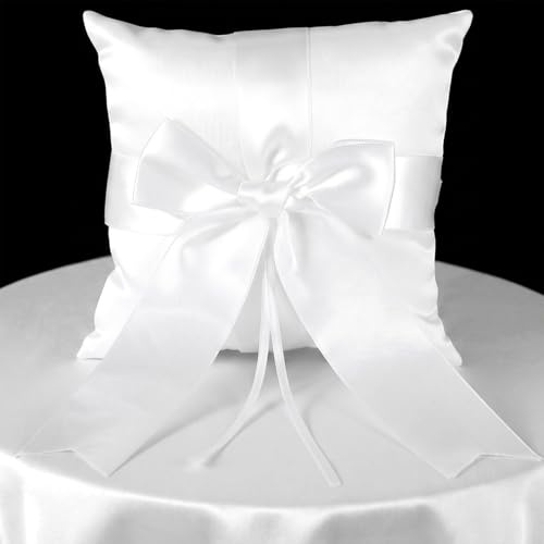 RAHHLIZS Ringkissen Hochzeit Ringhalter Kissen Weiß Satinband Hochzeit Ehering Kissen mit Schleife Band Für Ringträger Strandhochzeitsfeier Antrag Verlobung Oder Eheringe, 15 X15cm