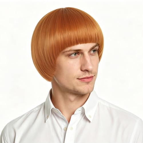 karlery Men Short Straight Ginger Wig Bowl Cut Funny Mushroom Wig | with Bangs Cosplay Halloween Costume 60s 70s Party Bob Wig