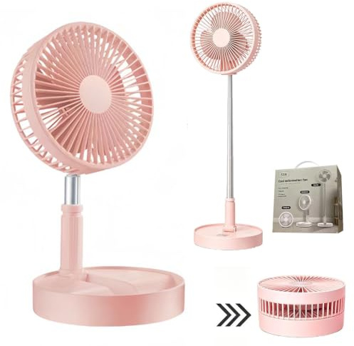 Portable Foldable Fan, 3-in-1 Rechargeable Pedestal & Desk Fan, 7200mAh Battery, Foldable Standing Fan, 39 Height Adjustable, 4 Speeds Quiet Telescopic Fan, USB Cordless Fan for Home, Camping (Pink)