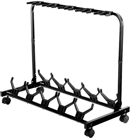 Rocktile Multistand 5-Fach Gitarrenständer - Mehrfach Gitarrenhalter für Klassik Gitarre, Akustik Gitarre, E-Gitarre, E-Bass - Gitarrenstativ klappbar mit Rollen - Saiteninstrumente Multi Stativ