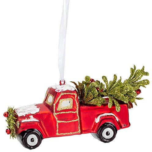 Ganz Glasornament Weihnachtskugel Christbaumschmuck, Motiv: roter Truck, Vintage-Stil
