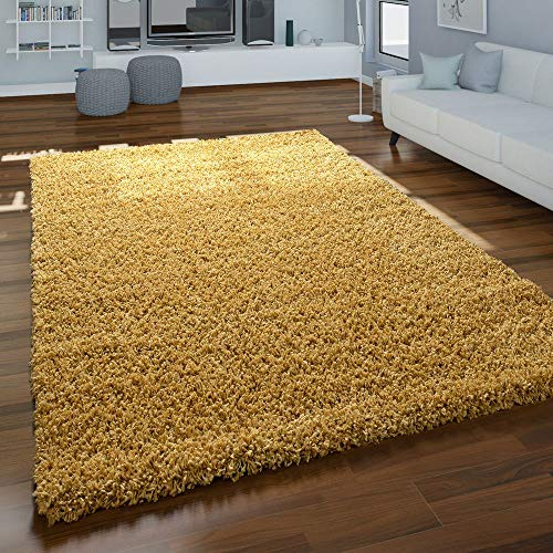 Paco Home Teppich Wohnzimmer Hochflor Einfarbiges Muster Modern Unifarben Senfgelb, Grösse:300x400 cm