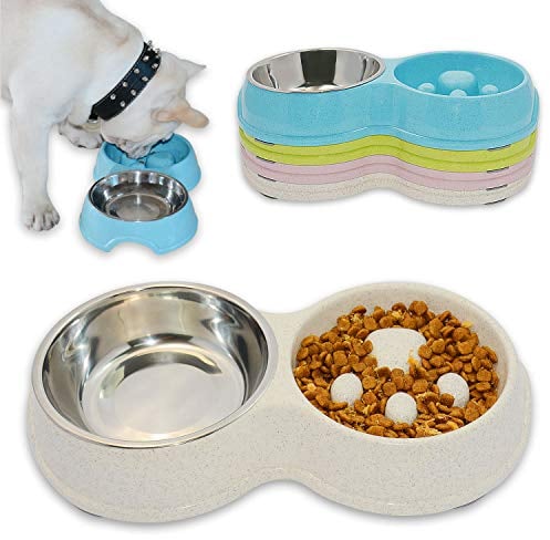 Hifrenchies Dog Slow Eating & Drinking Bowl,Stainless Steel Interactive Slow Feed Dog Bowl for French Bulldog,Slow Down Eating Eco-Friendly pet Bowl for Frenchie (White)