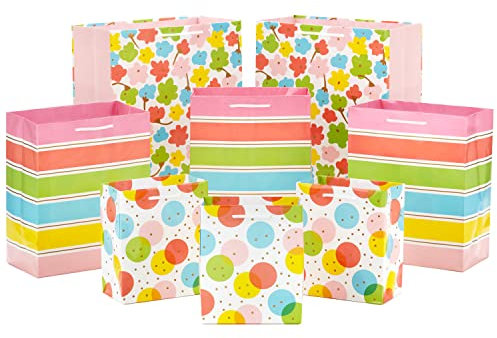 Hallmark Oster-Geschenktüten in verschiedenen Größen (8 Tüten:3 kleine 15,2 cm, 3 mittelgroße 22,9 cm, 2 große 33 cm) gepunktet, Regenbogenstreifen, Blumen für Frühling, Geburtstage, Babypartys,