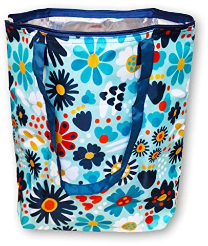 PromotionGift Bolsa de compras o playa reutilizable y plegable para mantener el frío, ligera y duradera, con forro interior de aluminio para una perfecta función de enfriamiento, 25 L (margarita azul)