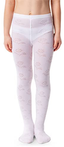NOQ Mädchen Strumpfhose mit 3D-Effekt Muster Uni Tanz Gymnastik Fancy Outfit Little Princess, Balbina Bianco 2-3 Jahre (92-98 cm)