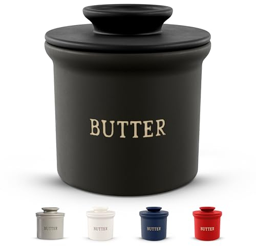 Kook Mantequera con tapa, mantequilla suave para untar y dejar en la encimera con línea de agua, mantequillera, decoración del hogar y la cocina, perfecto para regalo de Navidad (negro)