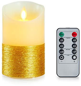 LED Kerzen, LED Kerzen in Gold mit Timer Funktion, LED Echtwachs Kerzen mit Goldener Faden, 15cm Batteriebetriebenes Kerzen, Halloween Kerzen, Kerzen mitFernbedienung&Timer Funktion Tanzende Flamme