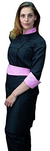 tessile astorino Broderie gratuite – Ensemble cuisinier femme noir et rose – uniforme chef personnalisable – veste, pantalon et tablier – uniforme pour cuisine et restaurant – Fabriqué en Italie,