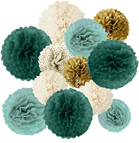 Figarge Seidenpapier Pompons Deko, 12 Stück Grün Elfenbein Pompons für Hochzeitsparty-Dekorationen, Geburtstag, Valentinstag Einschulungsparty Mottoparty Feier, Rustikale Hochzeitsdekorationen