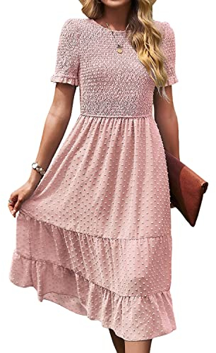 BebreezChic Damen Sommerkleid Maxikleider Kurzarm Rundhals Swiss Dot Rüschen Falten Einfarbig Casual Elegant Cocktailkleid, Rosa S