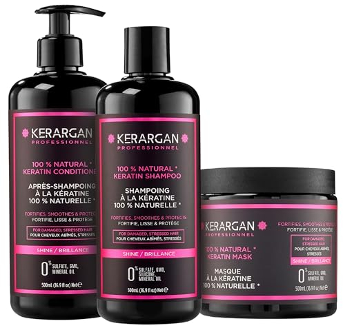 Kerargan - Trio Ultra Riparatore Shampoo, Balsamo & Maschera alla Cheratina per Capelli Danneggiati e Stressati - Nutre, Liscia & Rinforza - Senza Solfati, OGM, Silicone - 3x500 ml