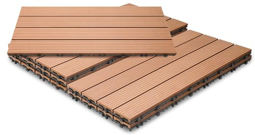 Jopassy 12 Stück WPC Terrassenfliesen, 30x60 cm Balkon Bodenfliese, Gartenfliesen mit Klick-System, Terrassendielen Balkonfliesen Klickfliesen, 2m² Braun