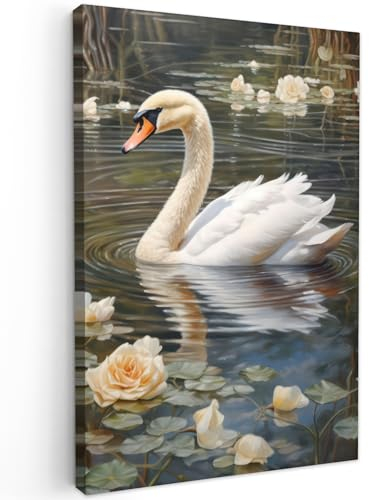 MuchoWow© Bilder Groß 80x120 cm XXL Wohnzimmer Deko Modern Wandbild Foto auf Leinwand Bild Schlafzimmer Room Decor Geschenke Schwan - Blumen - Lilie - Tiere