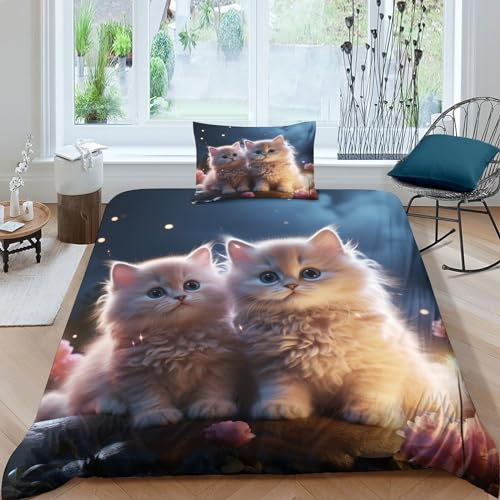 OPSREY Cute Cat Duvet Cover Set Kissenbezug Verstecktes Scharnier Bettbezug Baumwolle Kätzchen Bettwäsche Set Wärme Zum Schlafen Steppdeckenbezug Single(135x200cm)