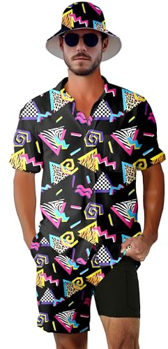VUGOTU Herren 2-teiliges Trainingsanzug 80er 90er Jahre Outfit Knopfleiste 80er Jahre Hemden und Shorts Sets mit Eimerhüten, 80s 90s Schwarz, Large