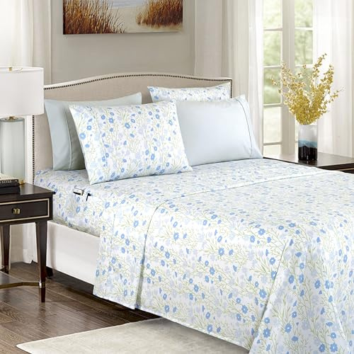 Elegant Comfort Weichstes und gemütlichstes 6-teiliges Bettlaken-Set, 1500 Premium-Mikrofaser in Hotelqualität, Tiefe Taschen, knitterfrei, 6-teiliges Blumenmuster-Bettwäsche-Set, Queen, Lorbeerblau